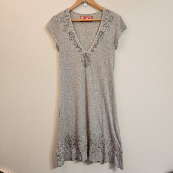 Johnny Was JWLA Floral Embroidered Gray Jersey Dress M Boho Artsy Y2K Feminine - Picture 1 of 15